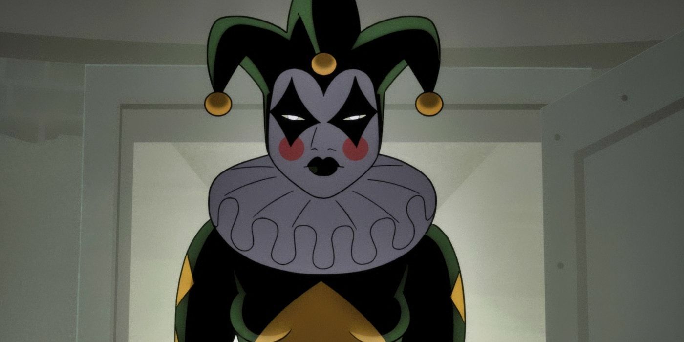 Harley Quinn (Jamie Chung) parada en la puerta principal en Batman: Caped Crusader