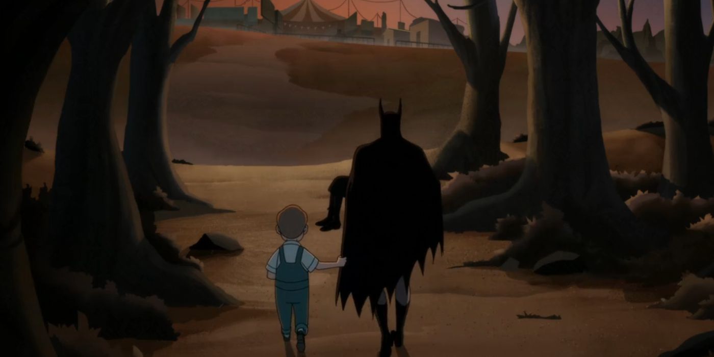 Batman (Hamish Linklater) and Carrie Kelly walk into the dawn in 'Batman: Caped Crusader.'