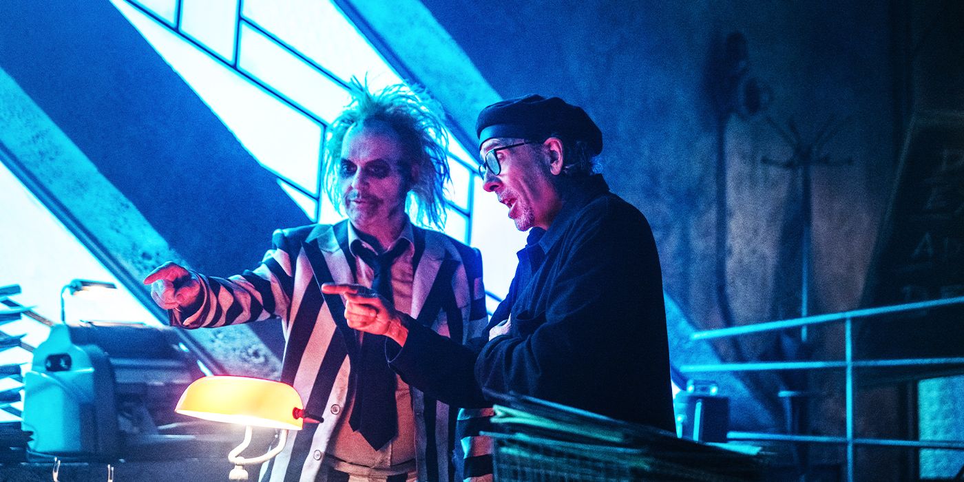 Tim Burton directing Michael Keaton on the set of Beetlejuice 2