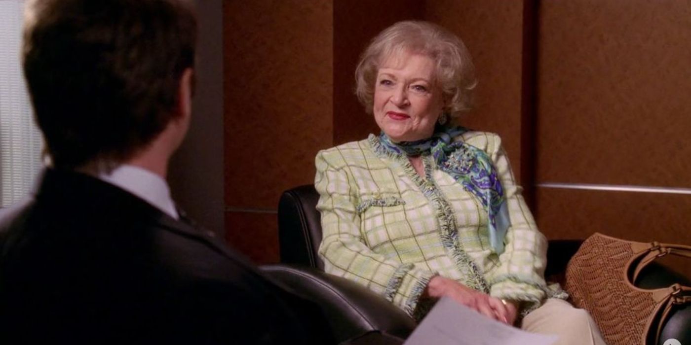 Betty White and James Spader chatting in a scene from 'Boston Legal'