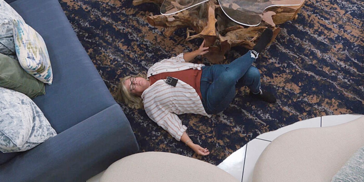 Angela laments on the floor of the 'Big Brother' house during 'Big Brother 26.'