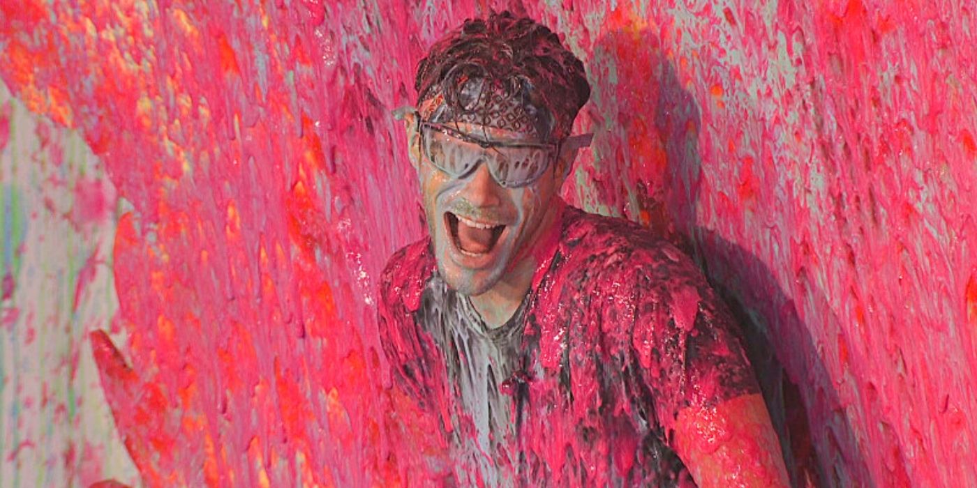 Tucker getting covered with paint or goo, during the wall competition on 'Big Brother 26.'