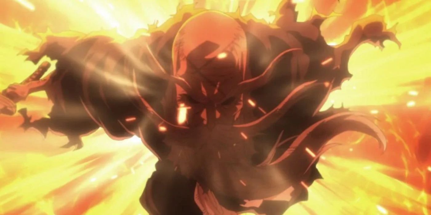Yamamoto Genryusai dashing through flames in Bleach
