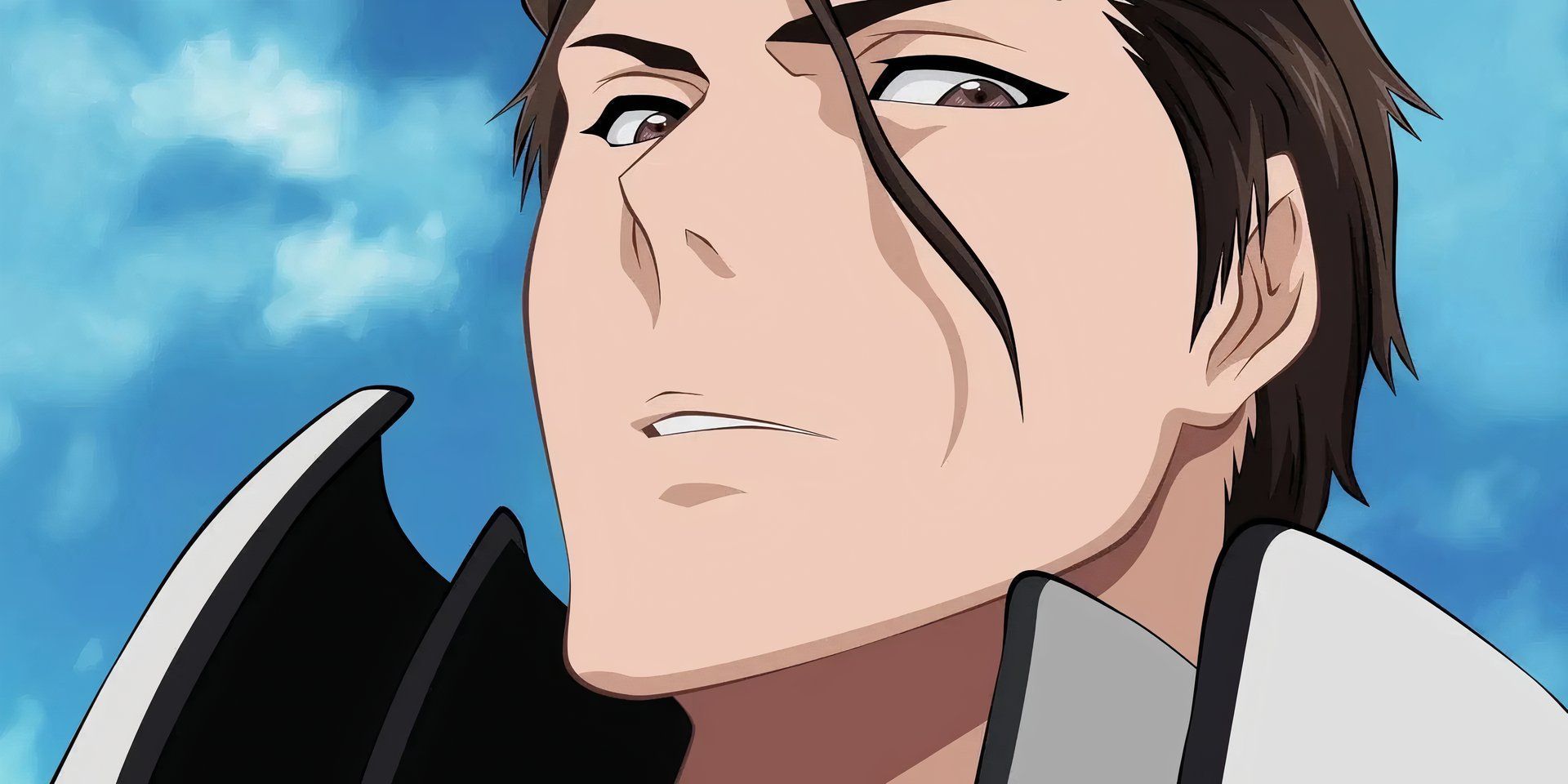 Sosuke Aizen with a look of confusion yet determination in 'Bleach' 