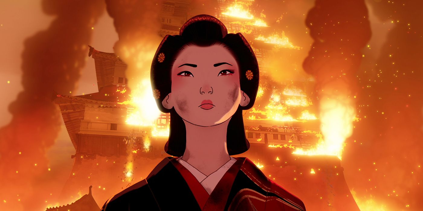 Akemi (voiced by Brenda Song) stands stoically in front of a burning building in Blue Eye Samurai.