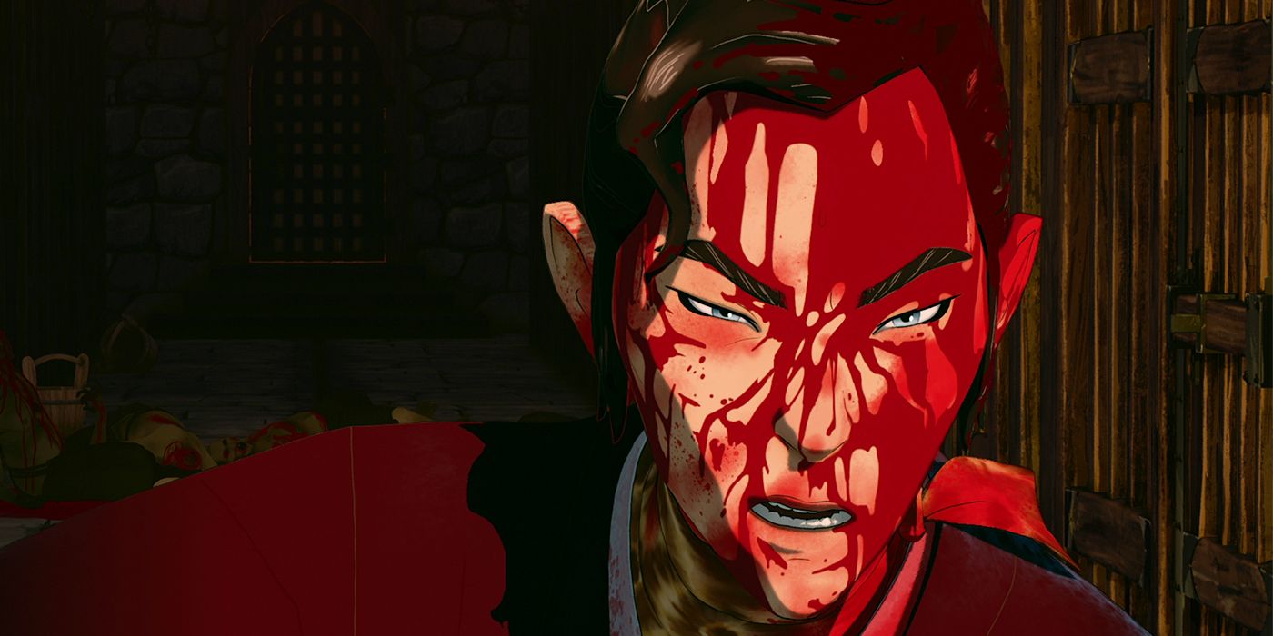 Close-up of Mizu scowling with her face covered in blood