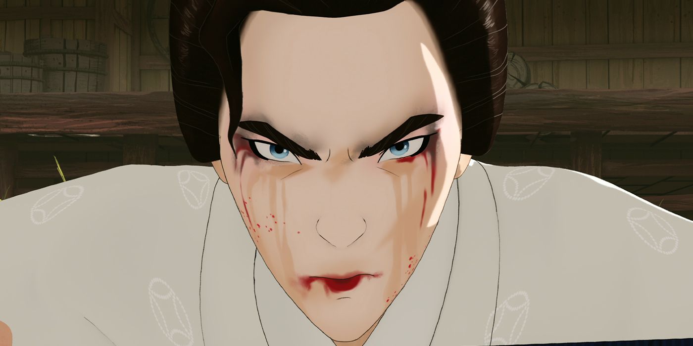 Close-up of Mizu's angered face spattered with blood and her makeup smeared