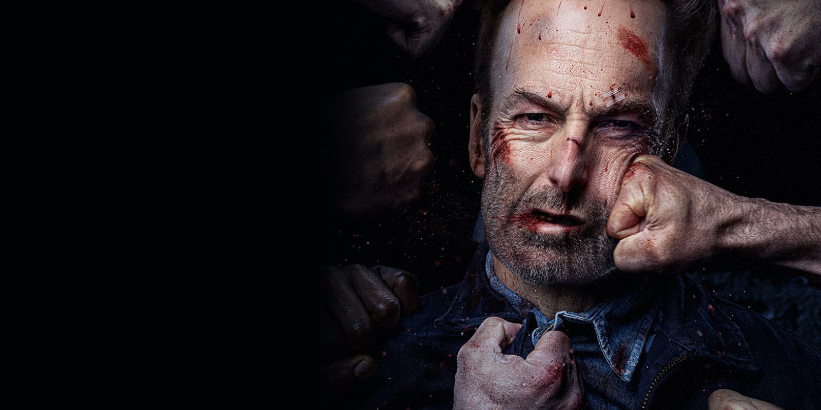 A bruised Bob Odenkirk in the poster for Nobody surrounded by fists