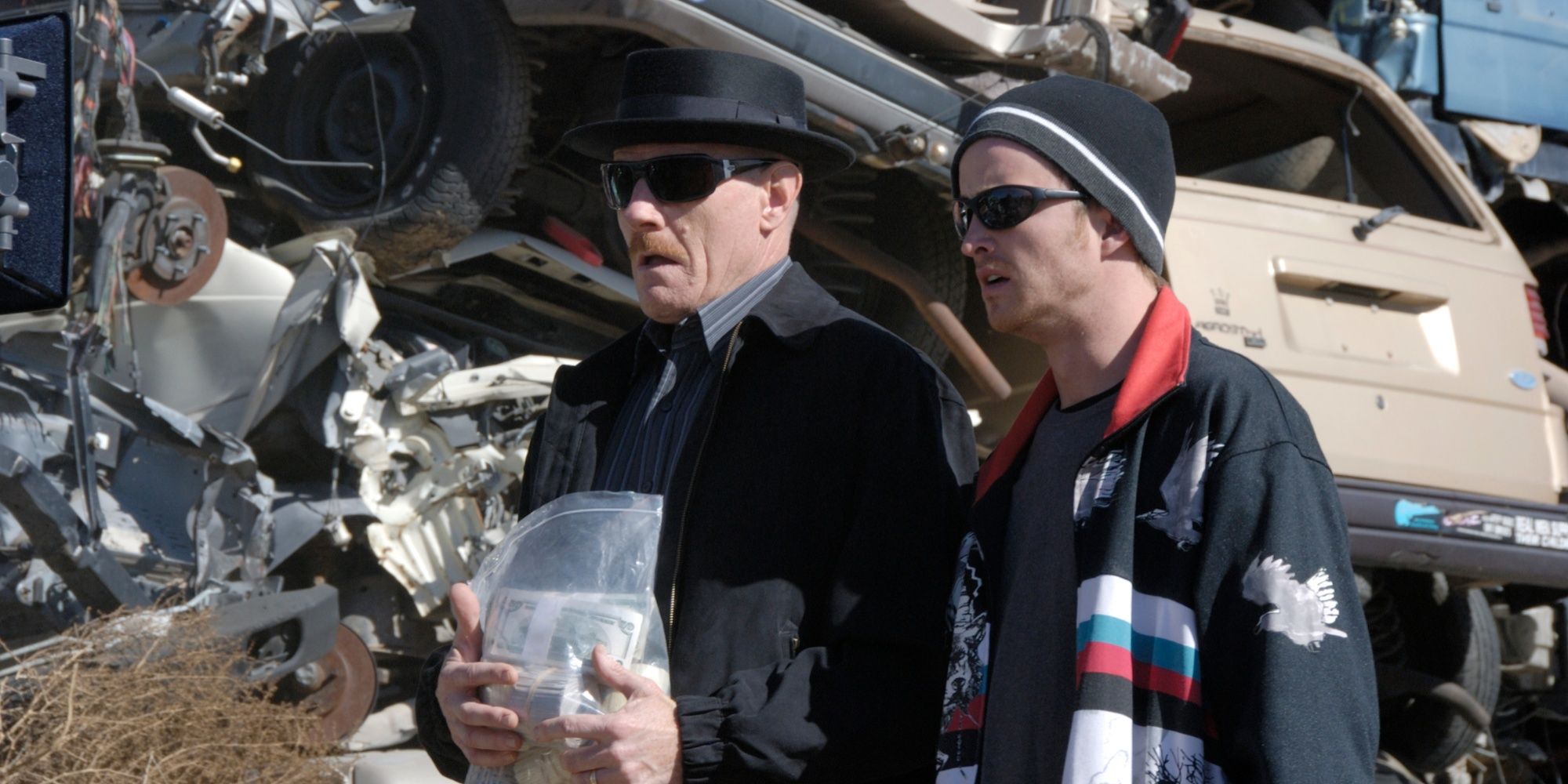 Walter White (Bryan Cranston) and Jesse Pinkman (Aaron Paul) at the junkyard in Breaking Bad