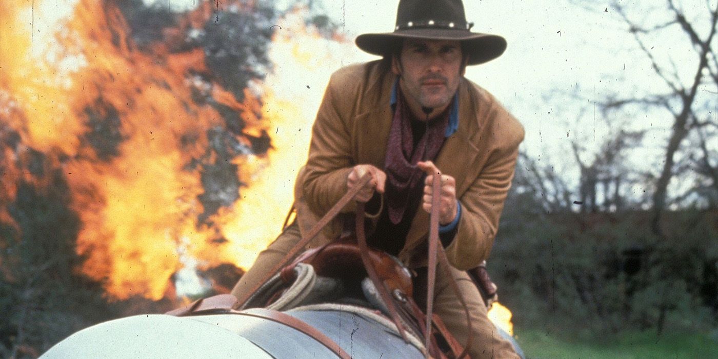 Brisco County, Jr. (Bruce Campbell) rides a rocket in 'The Adventures of Brisco County, Jr.'