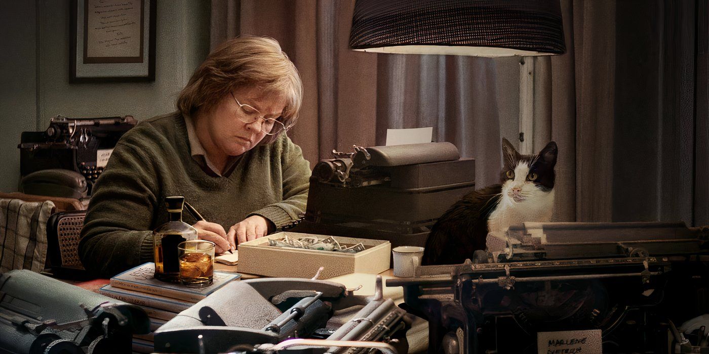 Melissa McCarthy as Lee Israel writes while sitting next to a cat in 'Can You Ever Forgive Me?' 