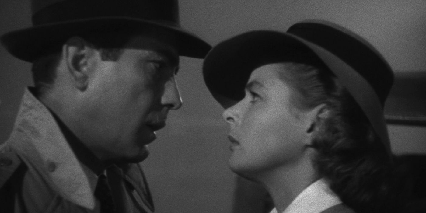 Rick (Humphrey Bogart) and Ilsa (Ingrid Bergman) look longingly into each other's eyes as they bid farewell in 'Casablanca' (1942).