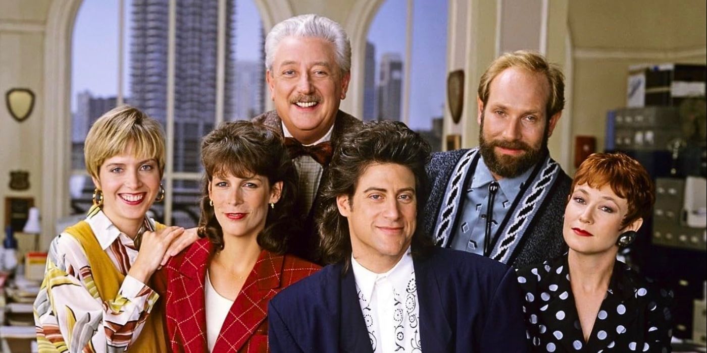 Still image of the cast of 90s sitcom Anything But Love starring Richard Lewis and Jamie Lee Curtis.