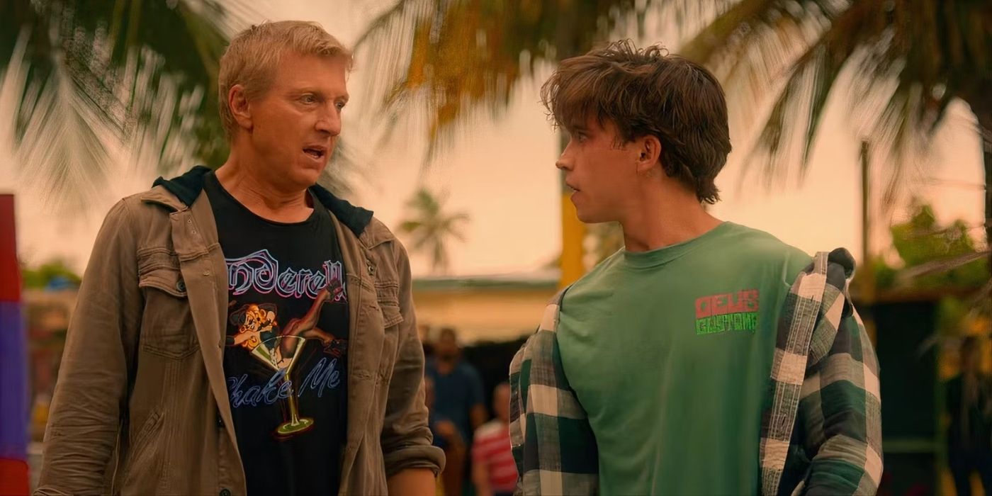 William Zabka as Johnny Lawrence and Tanner Buchanan as his son Robby Keene arguing in 'Cobra Kai'