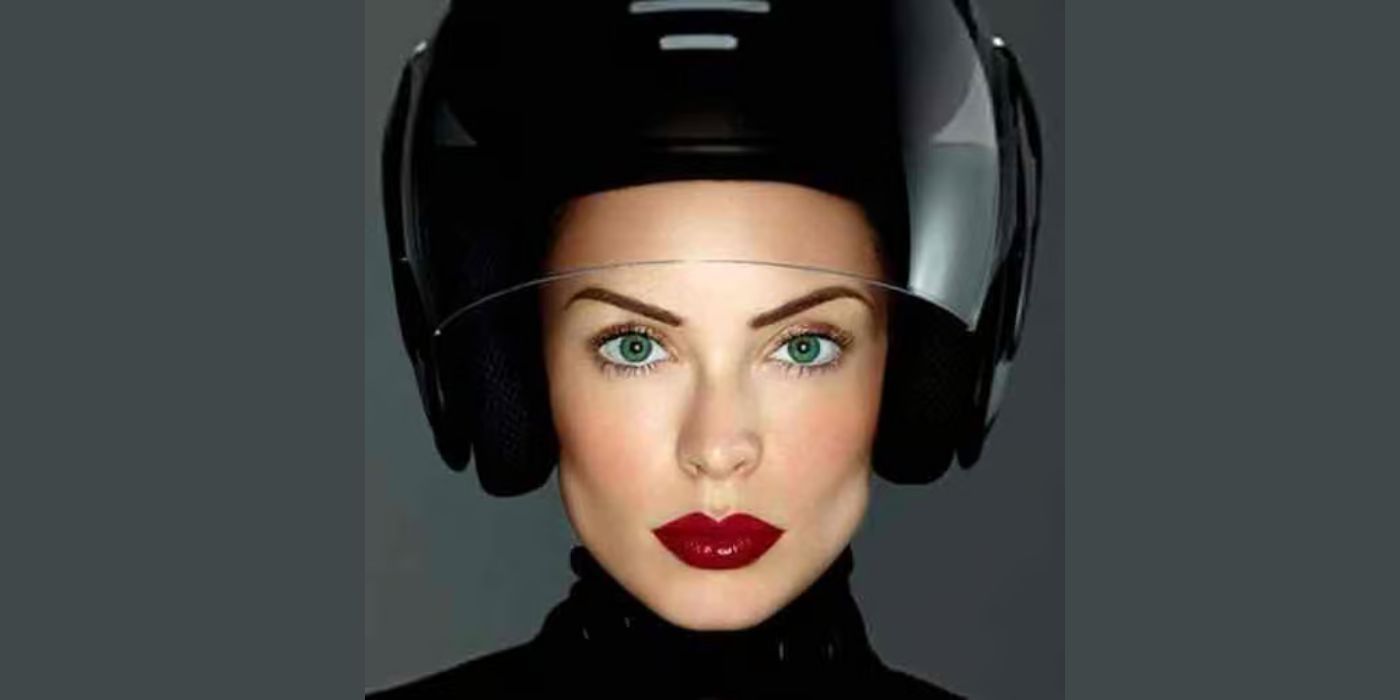 Yoanna House wears a motorcycle helmet and red lipstick during a photoshoot on America's Next Top Model.