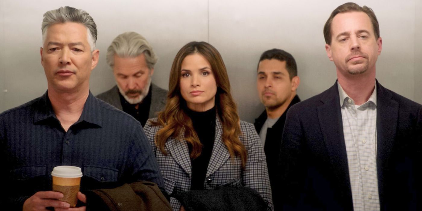 Katrina Law with the cast of NCIS in Season 21, Episode 5, standing in an elevator