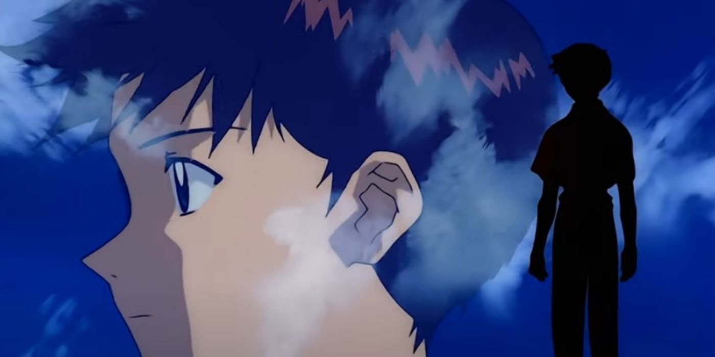 Shinji's face next to an outline of the character in Neon Genesis Evangelion