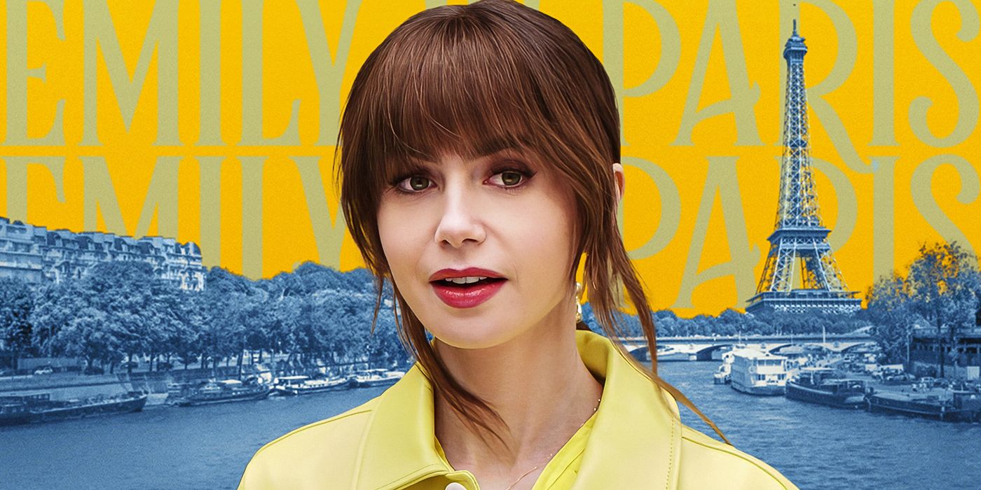 Emily, una imagen personalizada de Lily Collins con un top amarillo y el pelo recogido para Going to Paris de Jefferson Chacon