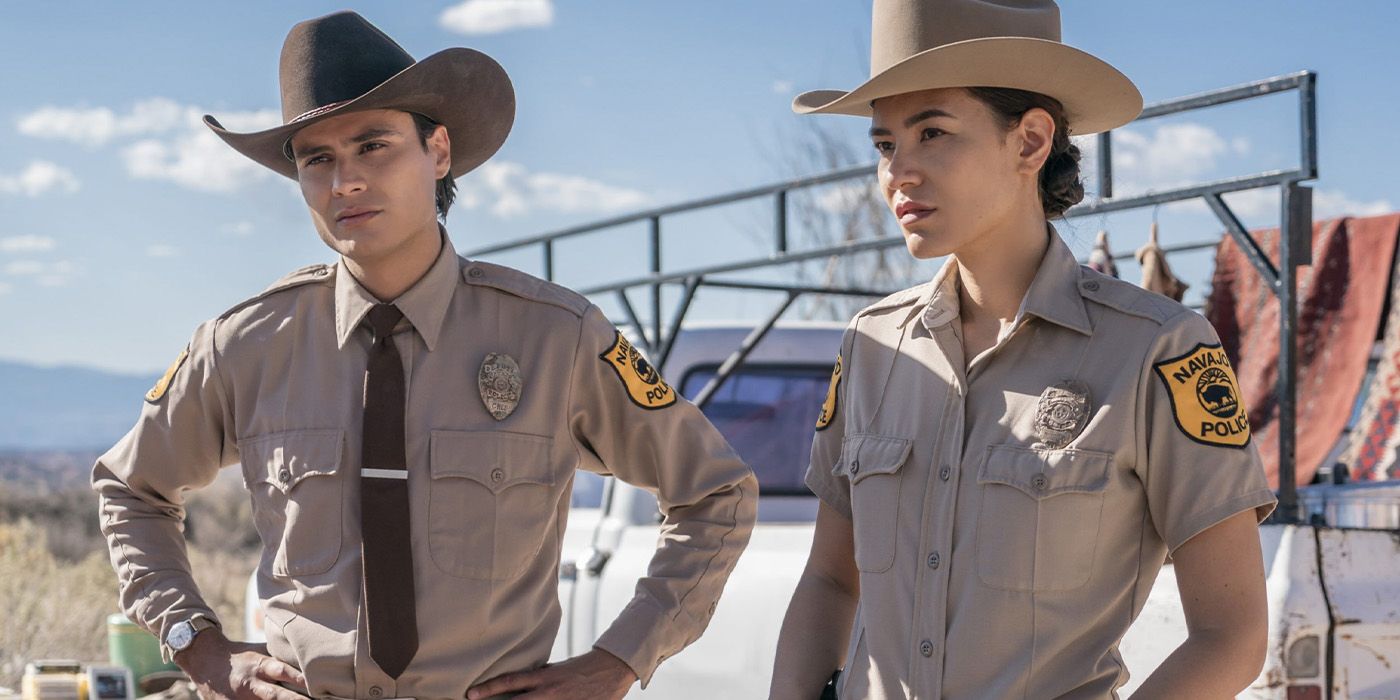 Jim Chee (Kiowa Gordon) and Bernadette Manuelito (Jessica Matten) patrol the Rez in 'Dark Winds.'