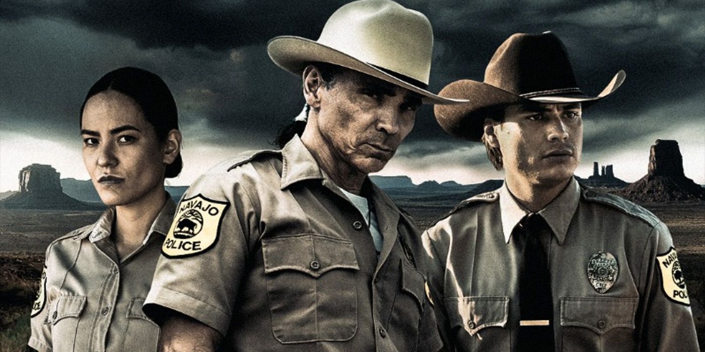 Jessica Matten as Bernadette Manuelito, Zahn McClarnon as Joe Leaphorn, and Kiowa Gordon as Jim Chee in a Season 1 promotional poster for 'Dark Winds.'