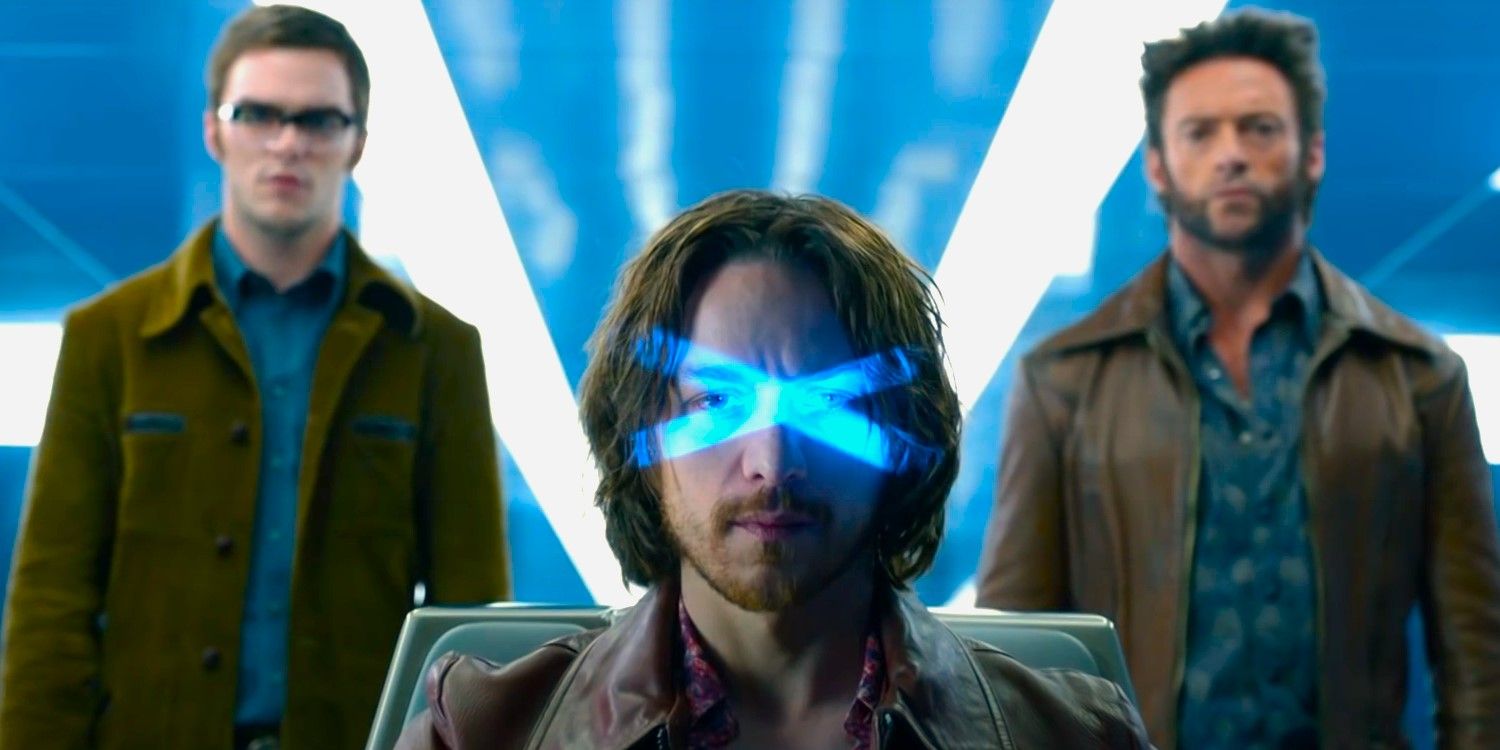 Logan standing beside Professor Charles Xavier and Beast in X-Men: Days of Future Past.