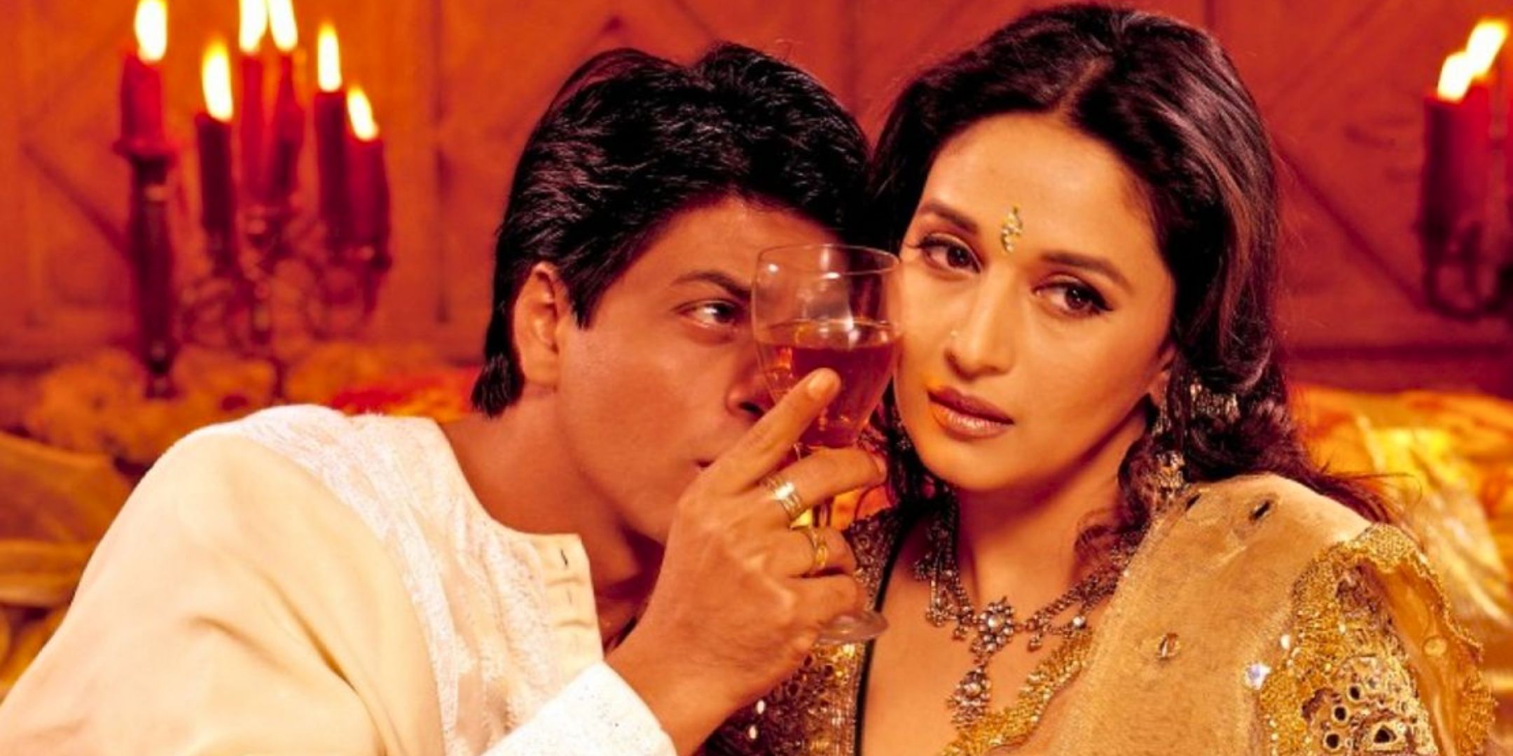 Shah Rukh Khan as Devdas and Madhuri Dixit as Chandramukhi in Devdas.