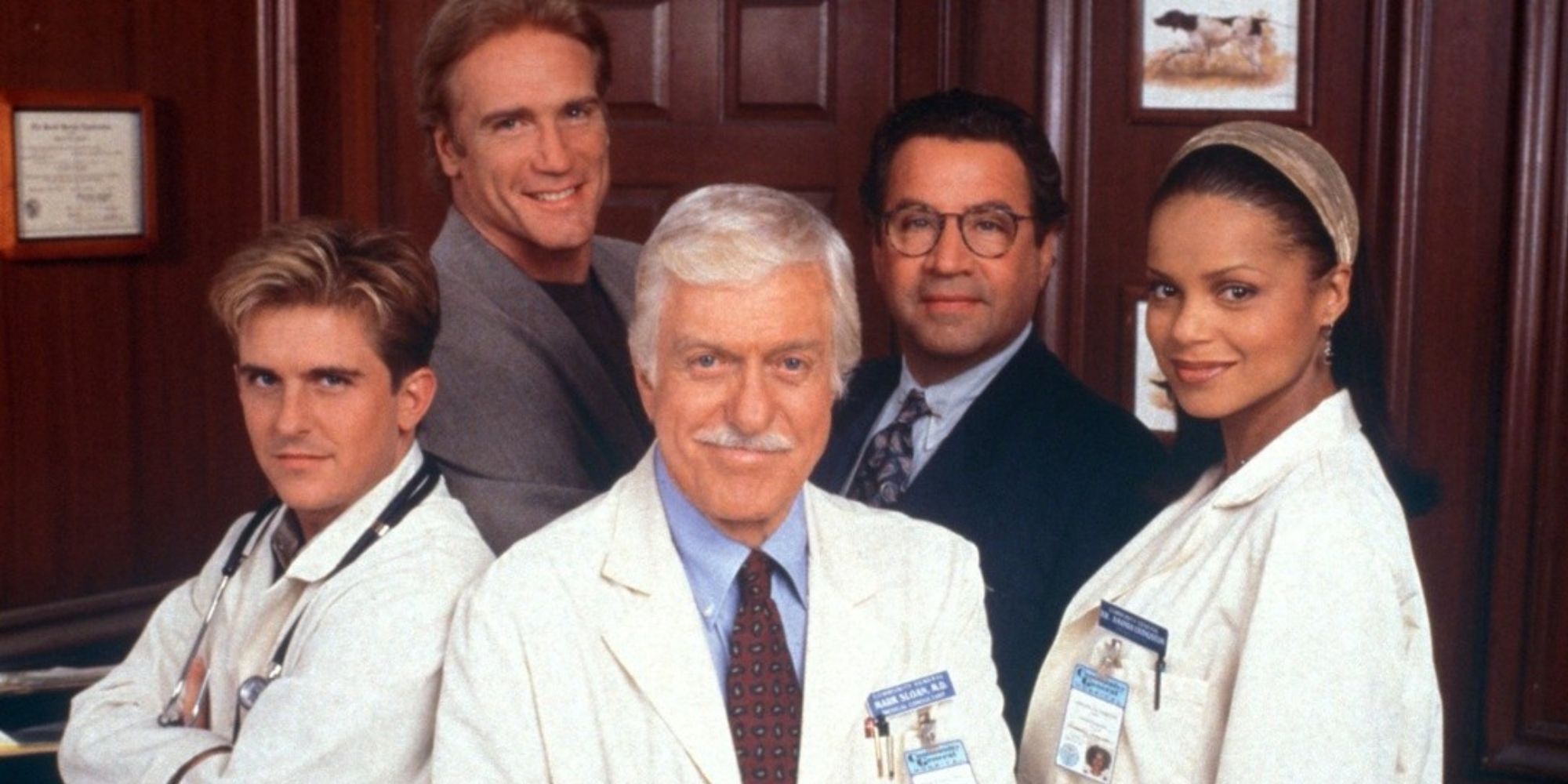 Dick Van Dyke, Charlie Schlatter, Barry Van Dyke, Michael Tucci and Victoria Rowell promo shot for Diagnosis Murder