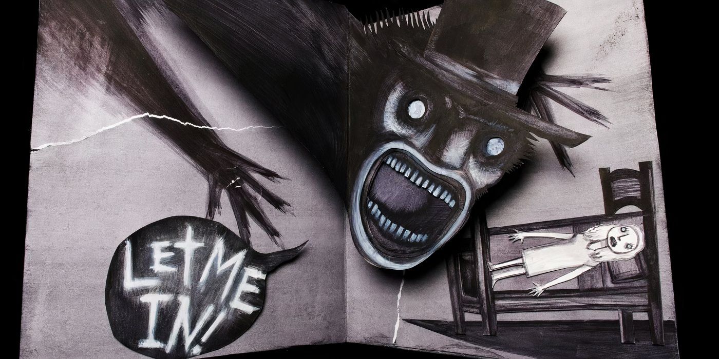 with a top hat and razor sharp teeth the babadook shouts to let him in!