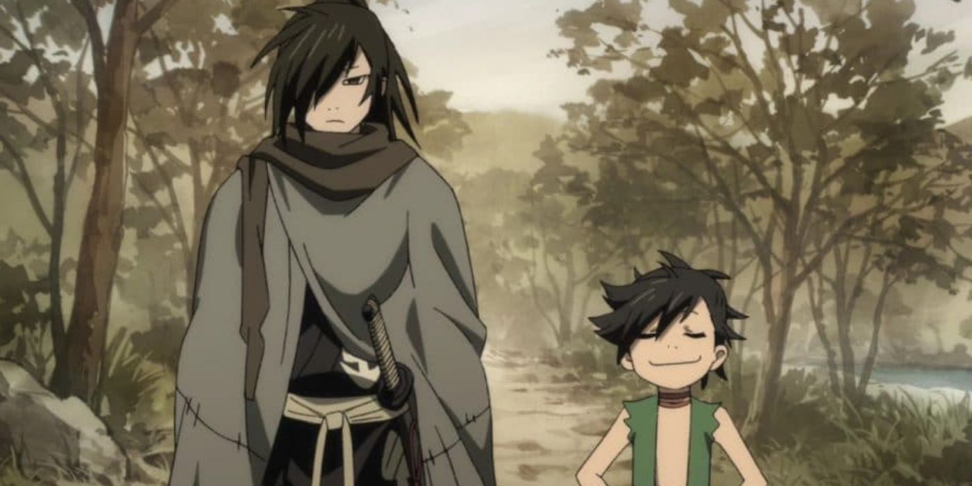 Dororo and Hyakkimaru walking through a forest in Dororo