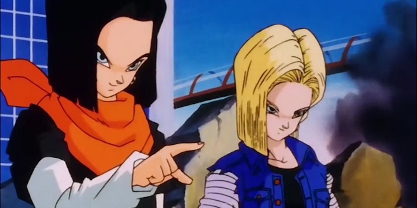 Android 17 pointing while standing next to Android 18 in a destroyed city in 'Dragon Ball Z'