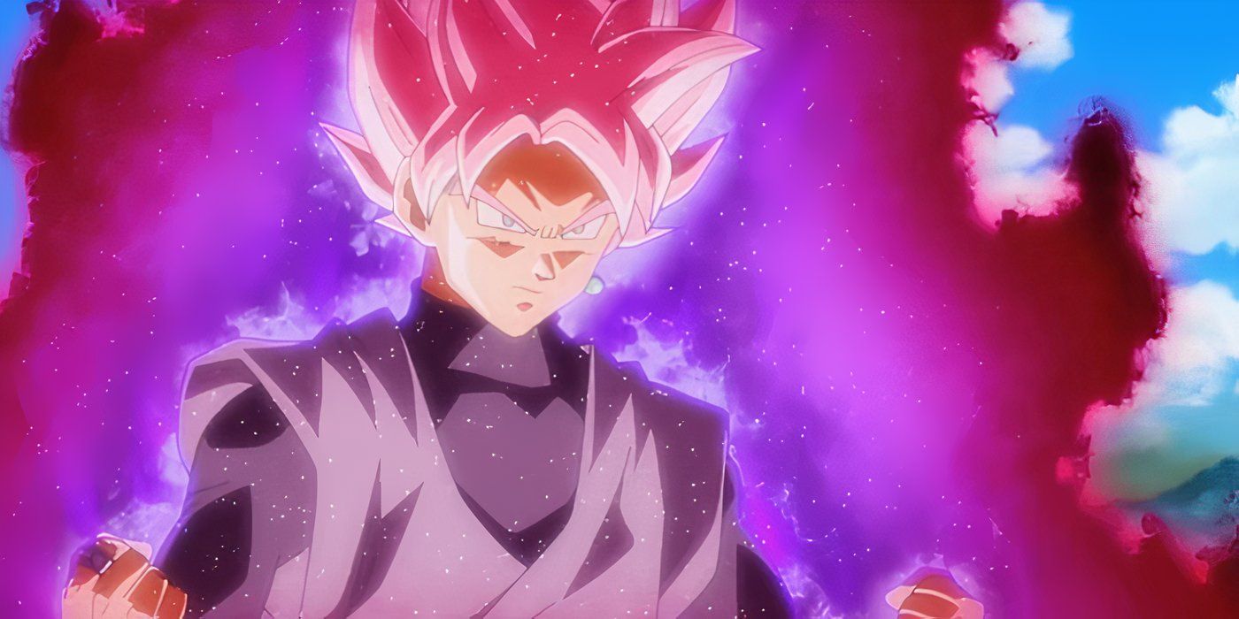 Goku Black surrounded by purple and red energy while in his Super Saiyan Rose form in Dragon Ball Super.