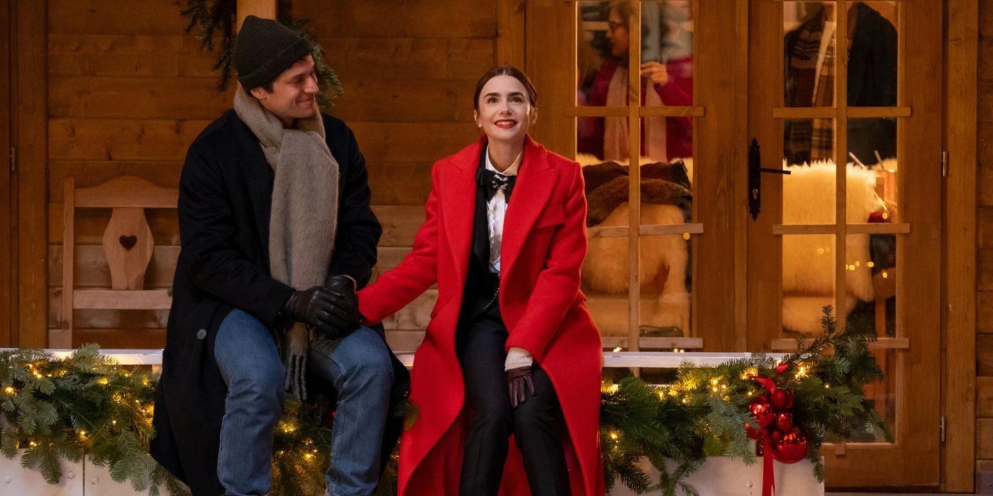 lucas bravo and lily collins hold hands at an iceskating rink 