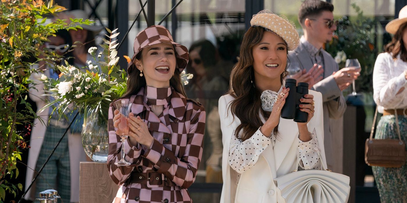 lily collins wears a purple and pink checkered dress while ashley park is in white with polka dotted sleeves