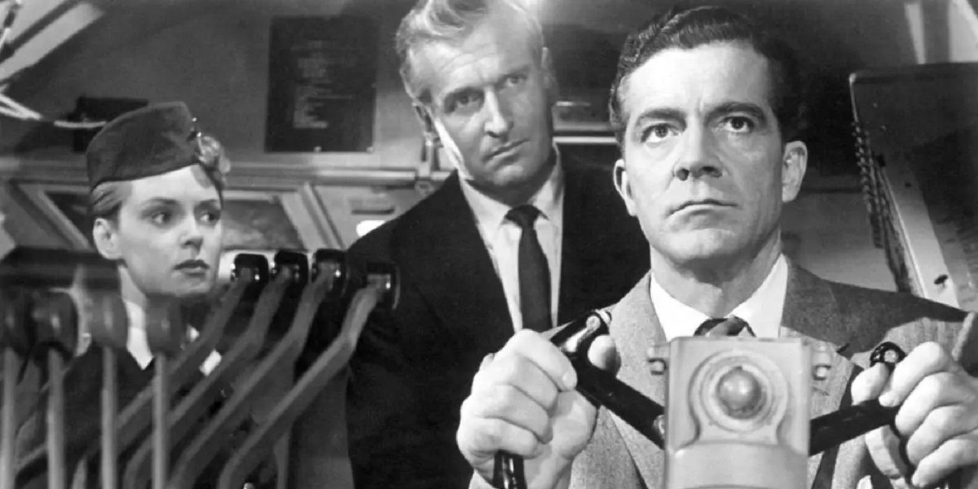 Ellen (Linda Darnell), Dr. Baird (Geoffrey Toone), and Ted (Dana Andrews) in the cockpit in &lsquo;Zero Hour!'