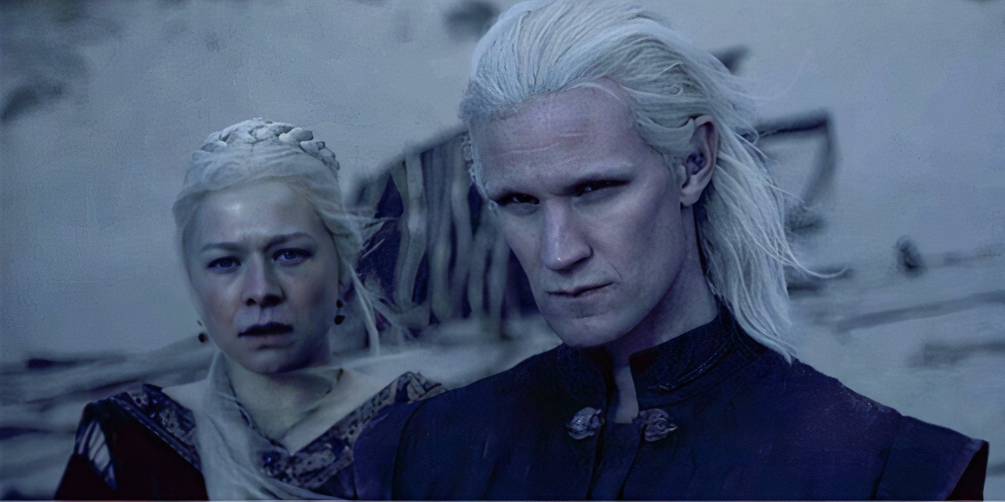 Emma D&rsquo;Arcy standing behind Matt Smith at night on a shore in House of the Dragon