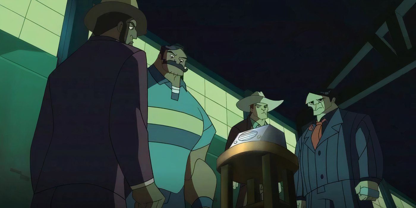 The Enforcers talking with Hammerhead surrounding a radio in The Spectacular Spider-Man