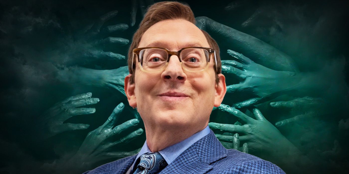 Michael Emerson against a backdrop of creepy hands for Evil