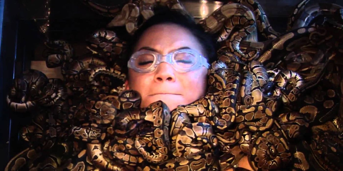 A contestant is covered in snakes on Fear Factor