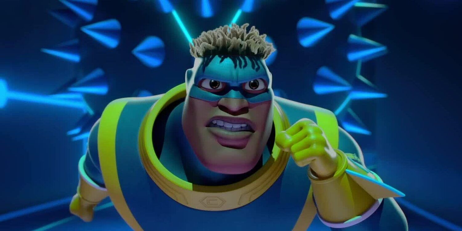 A superhero running away from a giant, blue spiky ball in &lsquo;Fearless&rsquo; (2020)