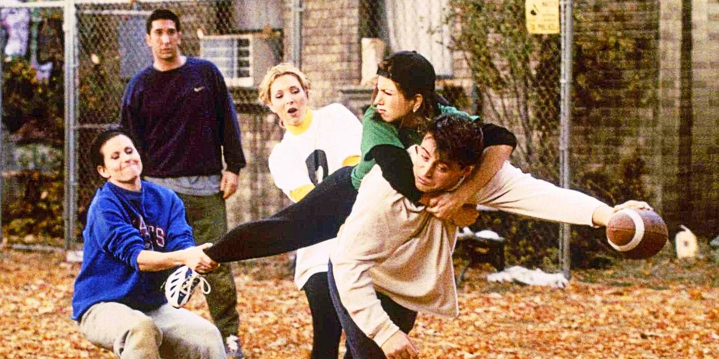 Monica, Ross, Phoebe, Rachel and Joey play soccer in Friends