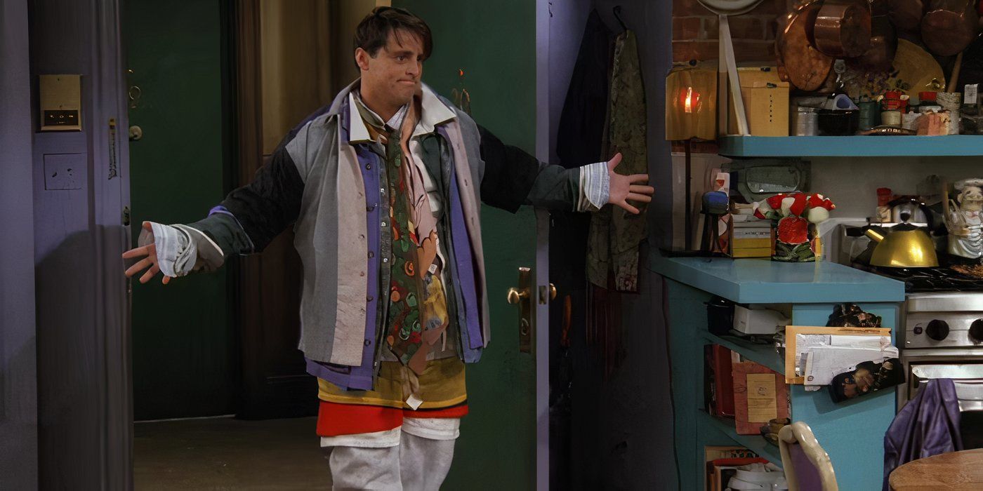 Joey vistiendo toda la ropa de Chandler.