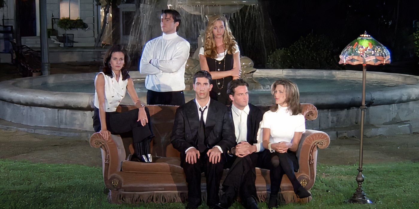 The cast of 'Friends' sitting on a couch in the opening theme song.