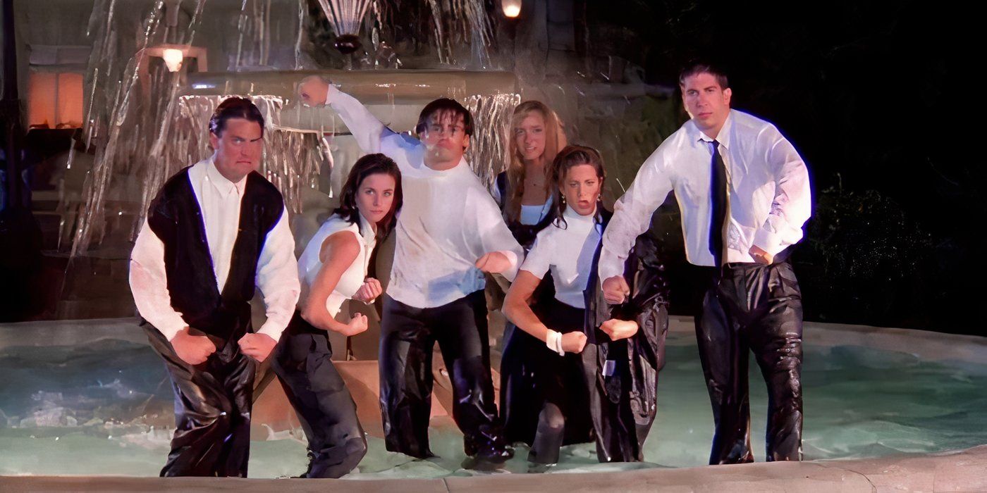 The cast of 'Friends' flexing in a fountain during the opening theme song.