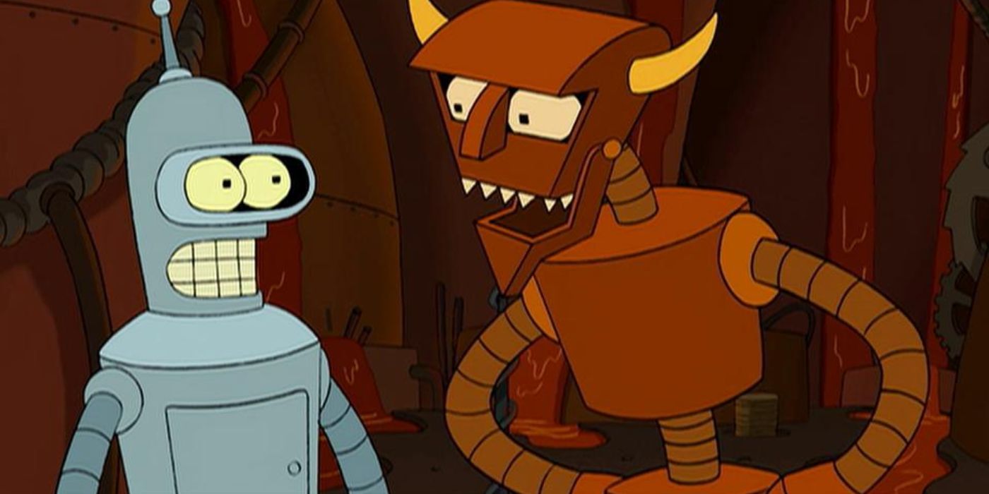 Bender (John DiMaggio) meets Robot Devil (Dan Castellaneta) in Robot Hell in 'Futurama'