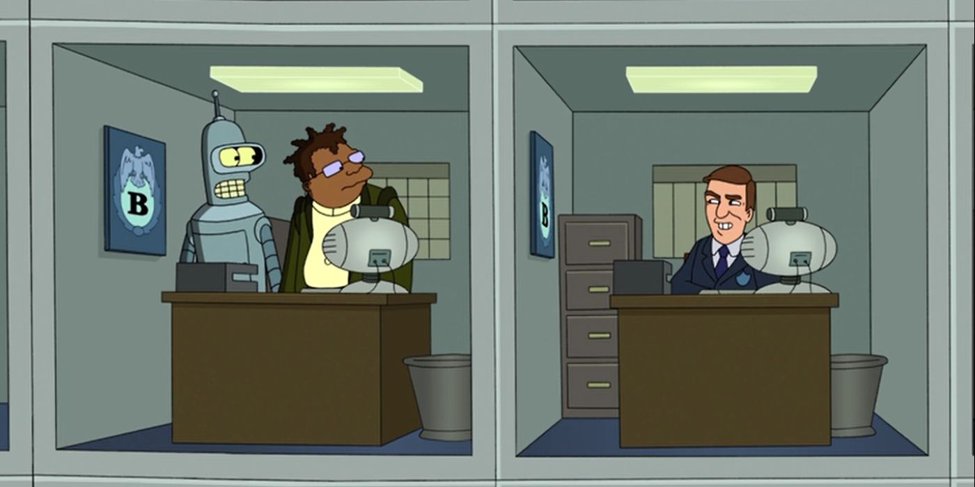 Bender (John DiMaggio) and Hermes Conrad (Phil LaMarr) in an office building with another bureaucrat in 'Futurama'