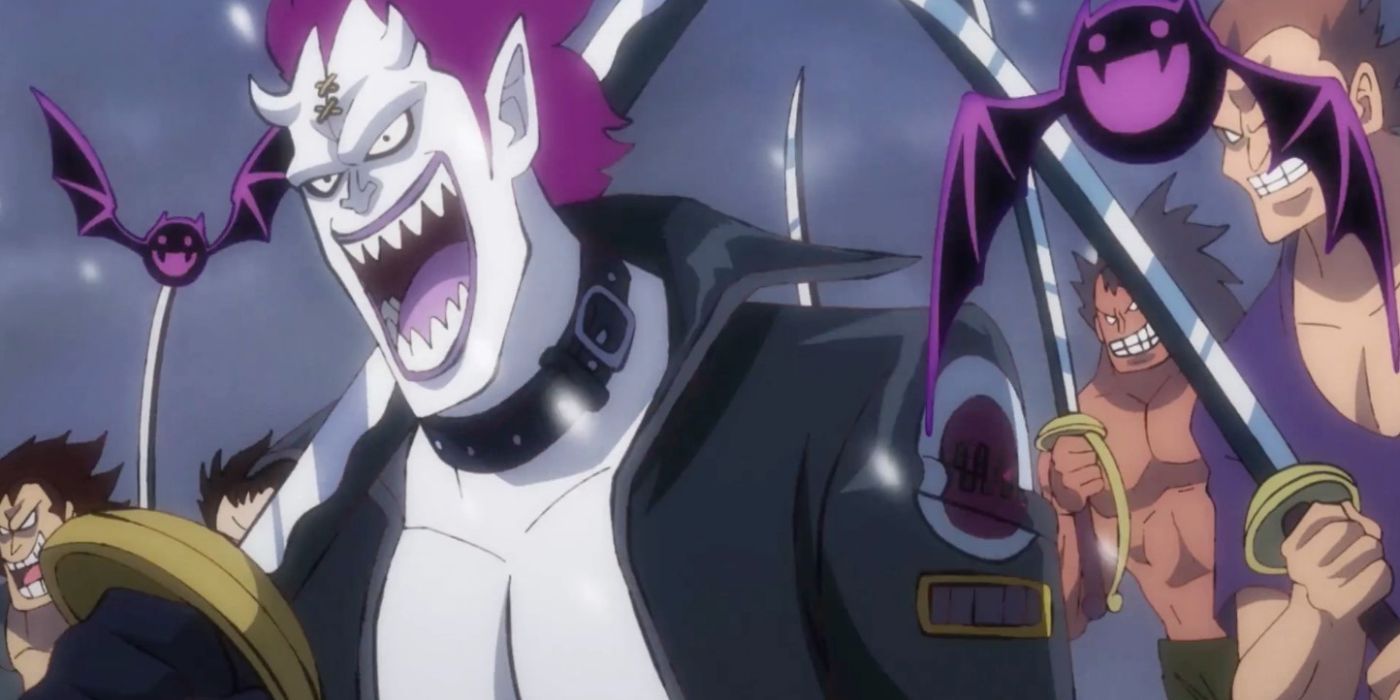 Gecko Moria laughing with his pirates in the background in One Piece.