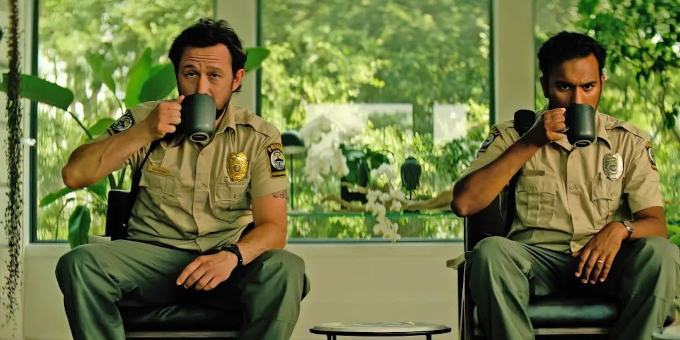 Joseph Gordon-Levitt and Himesh Patel drink coffee in two chairs next to each other in Greedy People.