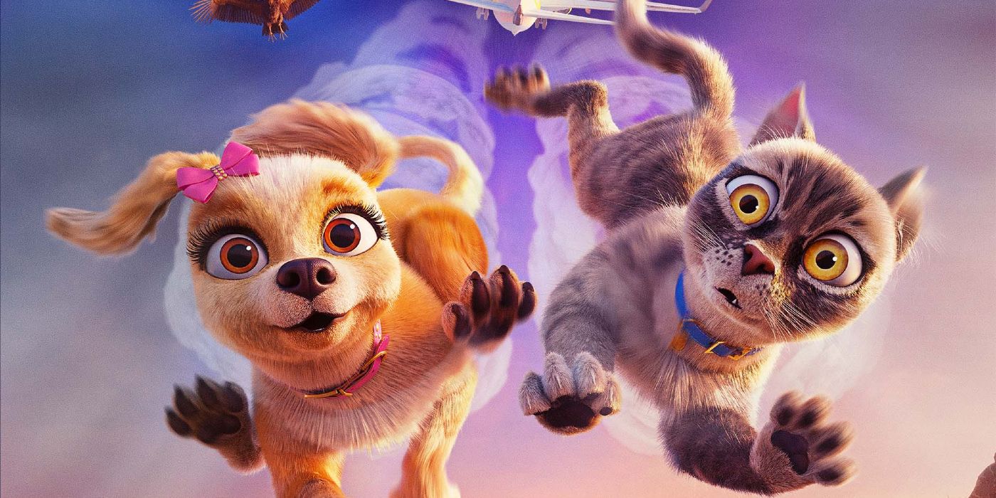 Gracie and Pedro flying through the air in promo art for Pets to the Rescue