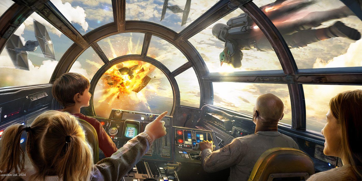 Concept art for the Mandalorian and Grogu flying in the Millenium Falcon in Galaxy's Edge