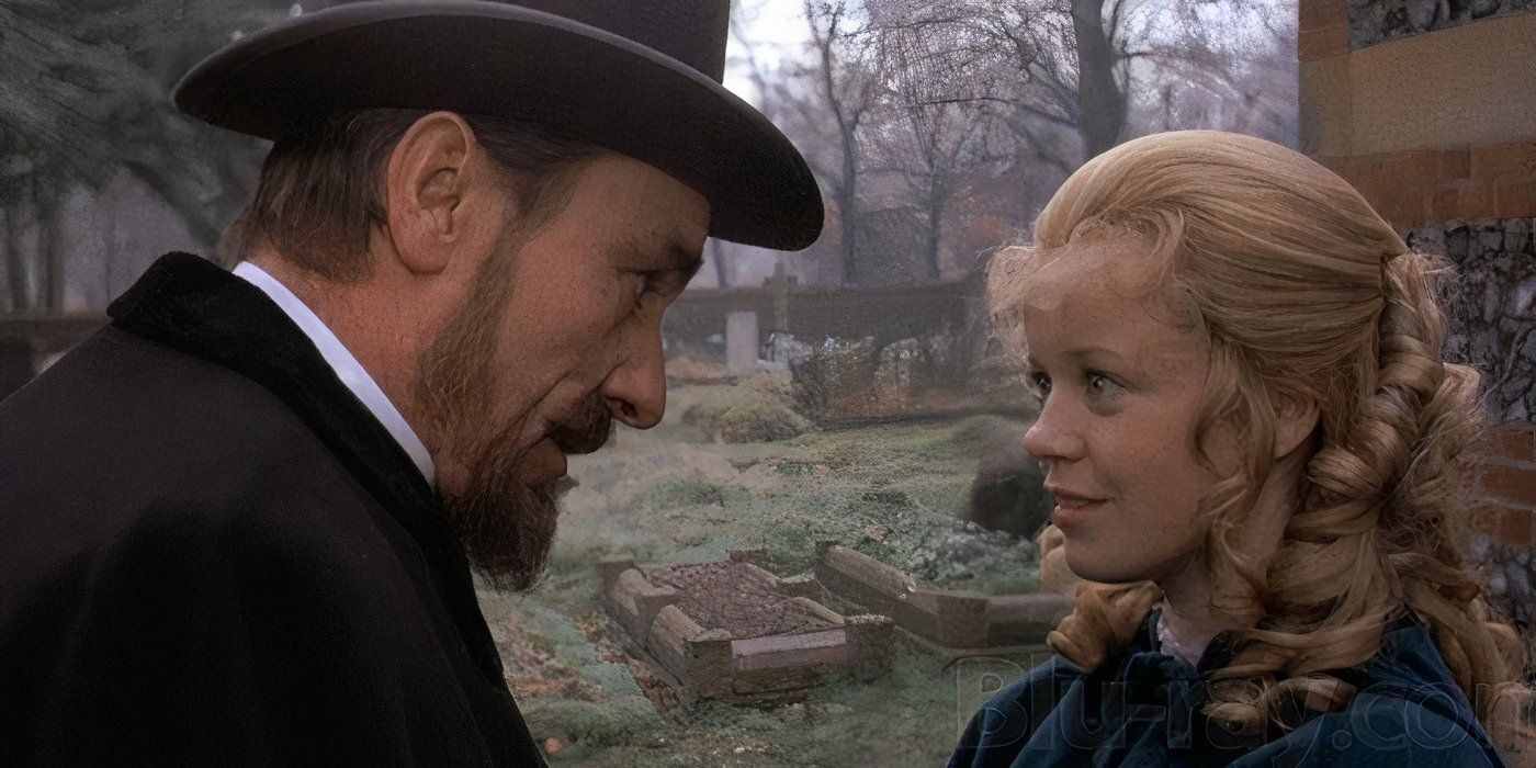 Pritchard (Eric Porter) talking with Anna (Angharad Rees) in a graveyard in Hands of the Ripper